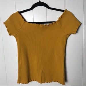 Lilian Off The Shoulder Crop Top Blouse Shirt Ruffle Rib Ribbed Yellow Marigold